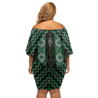 New Zealand Aotearoa Off Shoulder Short Dress Green Poutama With Taniko Pattern LT05 - Polynesian Pride