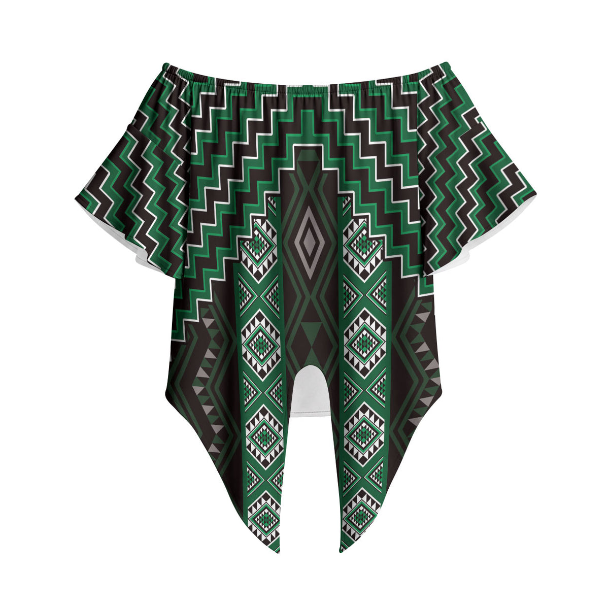 New Zealand Aotearoa Off Shoulder Wrap Waist Top Green Poutama With Taniko Pattern LT05 Green - Polynesian Pride