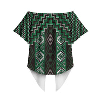 New Zealand Aotearoa Off Shoulder Wrap Waist Top Green Poutama With Taniko Pattern LT05 - Polynesian Pride