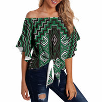 New Zealand Aotearoa Off Shoulder Wrap Waist Top Green Poutama With Taniko Pattern LT05 - Polynesian Pride