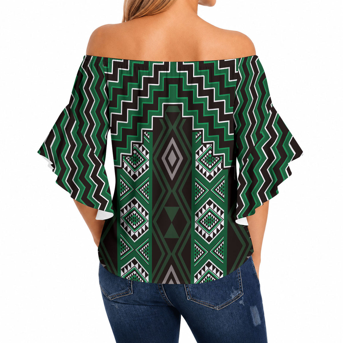New Zealand Aotearoa Off Shoulder Wrap Waist Top Green Poutama With Taniko Pattern LT05 - Polynesian Pride