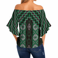 New Zealand Aotearoa Off Shoulder Wrap Waist Top Green Poutama With Taniko Pattern LT05 - Polynesian Pride