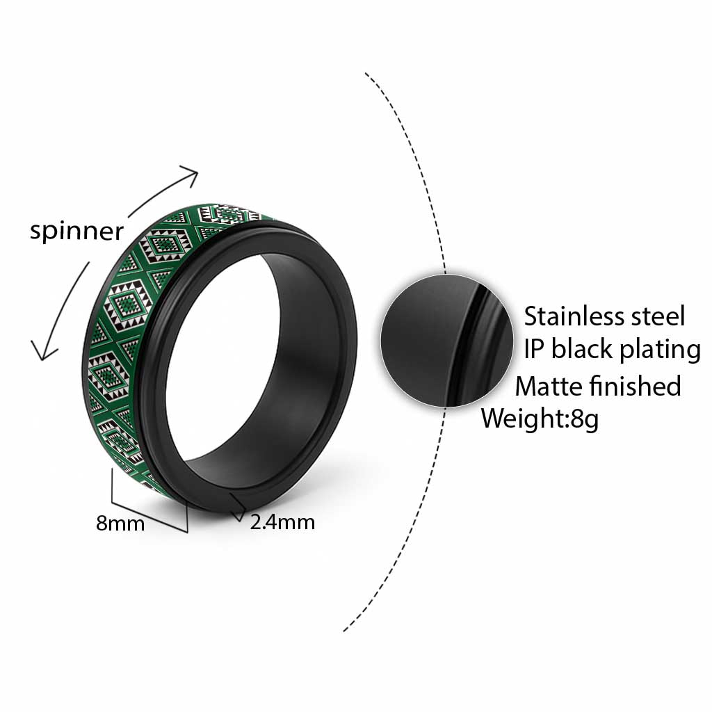 New Zealand Aotearoa Spinner Ring Green Poutama With Taniko Pattern - Polynesian Pride