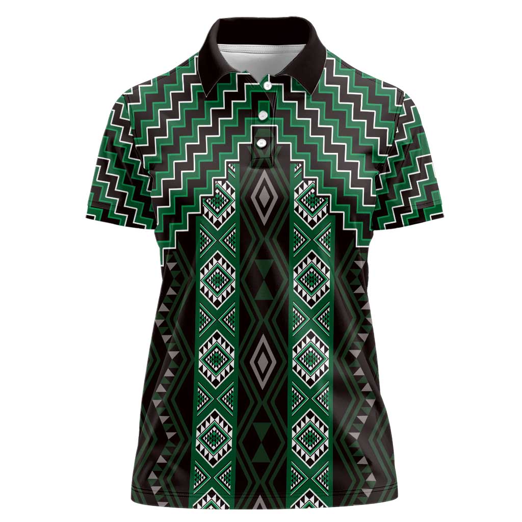 New Zealand Aotearoa Women Polo Shirt Green Poutama With Taniko Pattern LT05