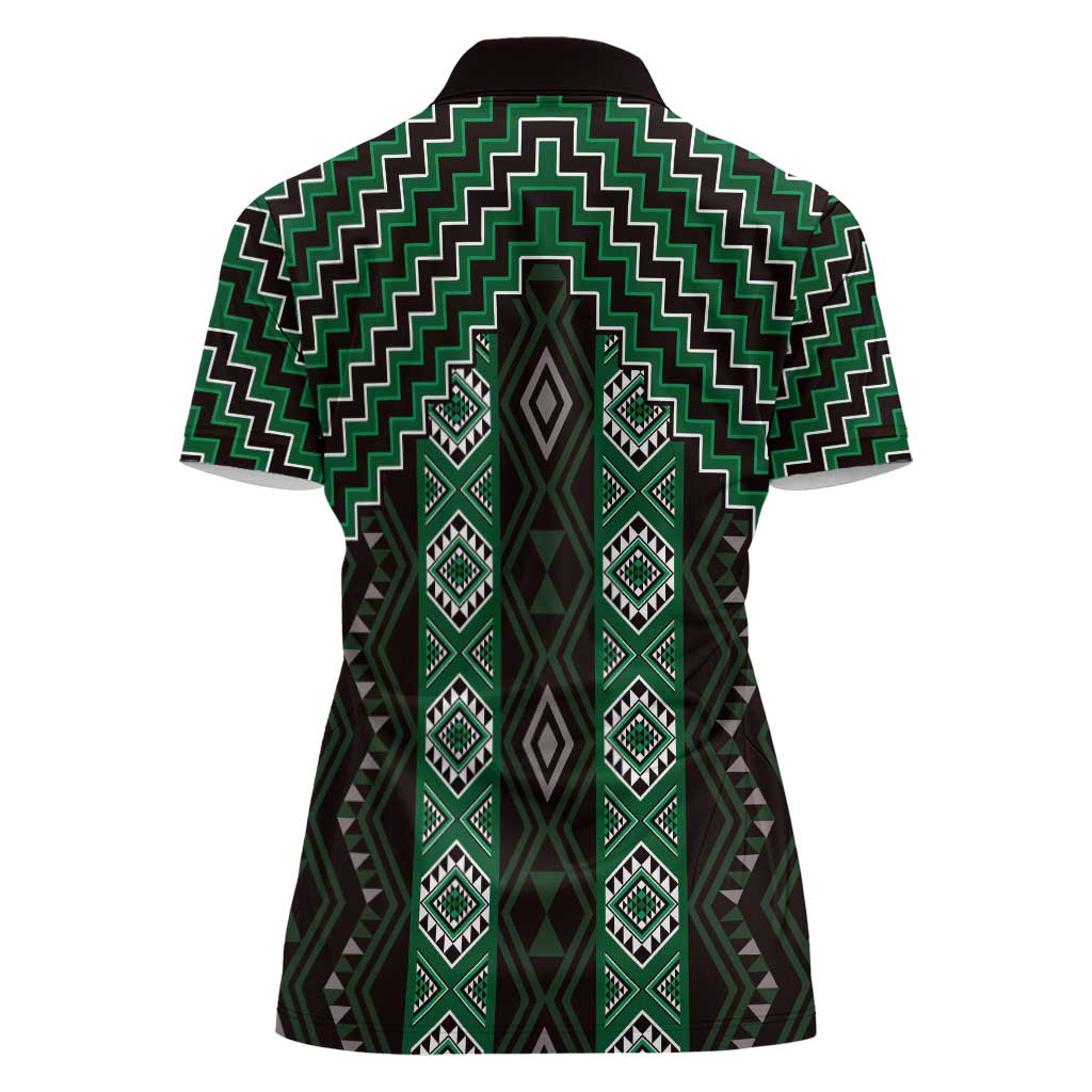 New Zealand Aotearoa Women Polo Shirt Green Poutama With Taniko Pattern LT05