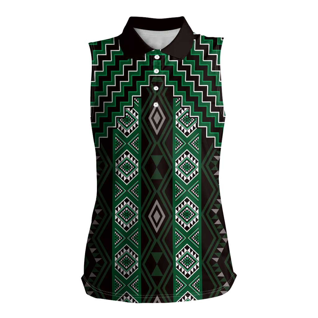 New Zealand Aotearoa Women Sleeveless Polo Shirt Green Poutama With Taniko Pattern LT05 Female Green - Polynesian Pride