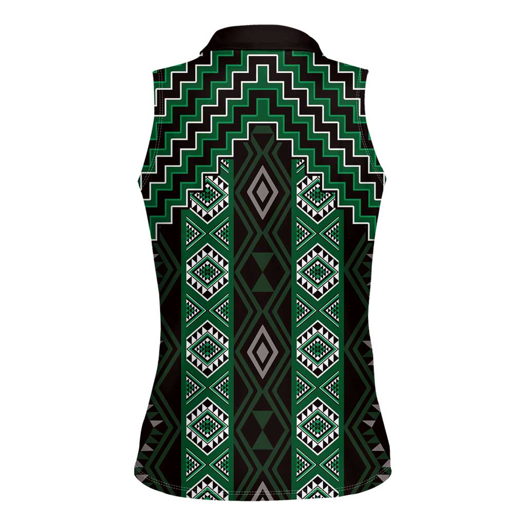 New Zealand Aotearoa Women Sleeveless Polo Shirt Green Poutama With Taniko Pattern LT05 - Polynesian Pride
