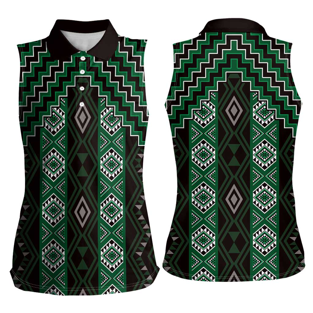 New Zealand Aotearoa Women Sleeveless Polo Shirt Green Poutama With Taniko Pattern LT05 - Polynesian Pride