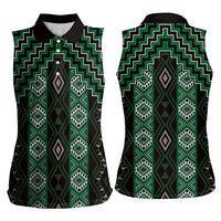 New Zealand Aotearoa Women Sleeveless Polo Shirt Green Poutama With Taniko Pattern LT05 - Polynesian Pride