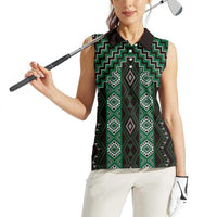 New Zealand Aotearoa Women Sleeveless Polo Shirt Green Poutama With Taniko Pattern LT05 - Polynesian Pride