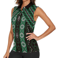 New Zealand Aotearoa Women Sleeveless Polo Shirt Green Poutama With Taniko Pattern LT05 - Polynesian Pride