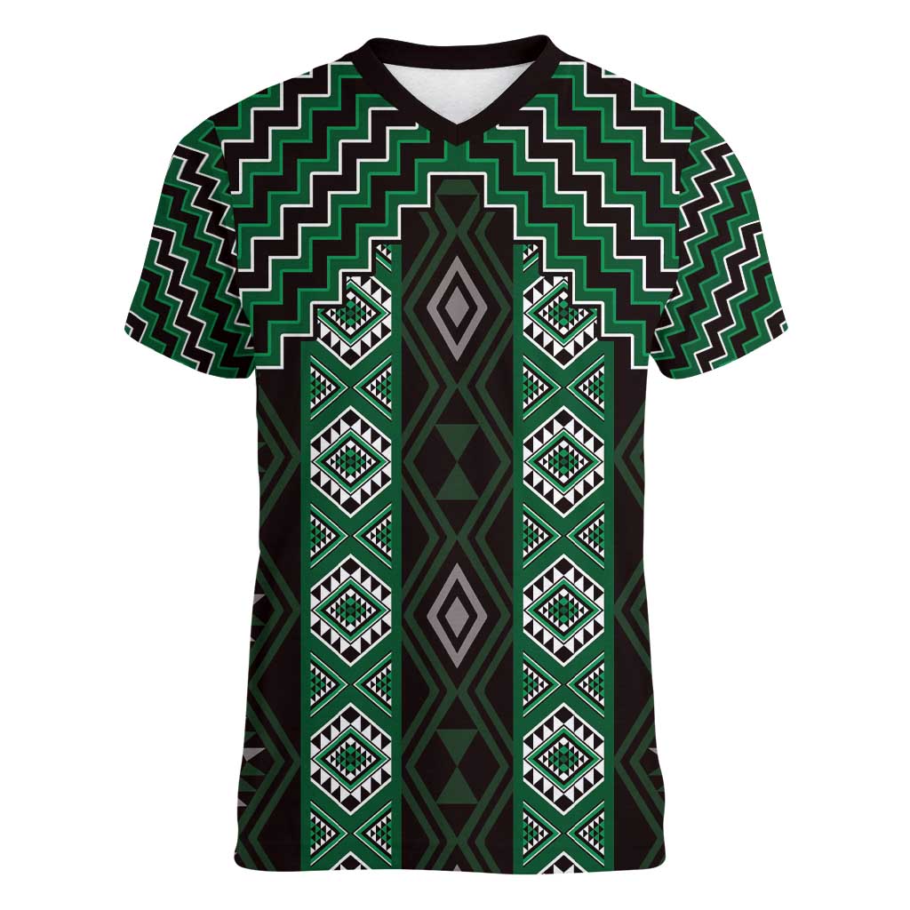 New Zealand Aotearoa Women V-Neck T-Shirt Green Poutama With Taniko Pattern LT05 Female Green - Polynesian Pride