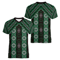 New Zealand Aotearoa Women V-Neck T-Shirt Green Poutama With Taniko Pattern LT05 - Polynesian Pride
