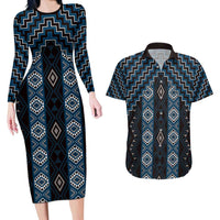 New Zealand Aotearoa Couples Matching Long Sleeve Bodycon Dress and Hawaiian Shirt Blue Poutama With Taniko Pattern LT05 Blue - Polynesian Pride