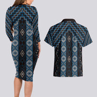 New Zealand Aotearoa Couples Matching Long Sleeve Bodycon Dress and Hawaiian Shirt Blue Poutama With Taniko Pattern LT05 - Polynesian Pride