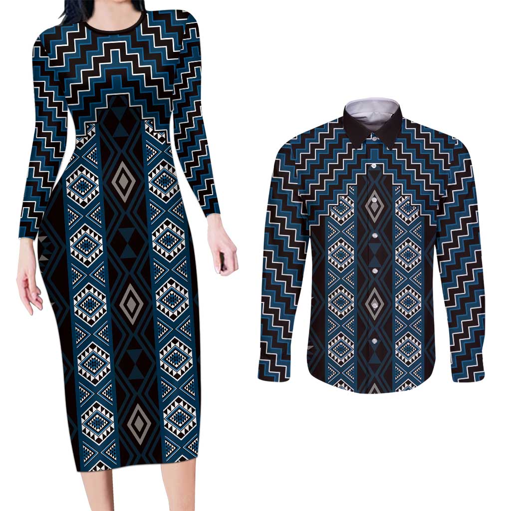New Zealand Aotearoa Couples Matching Long Sleeve Bodycon Dress and Long Sleeve Button Shirt Blue Poutama With Taniko Pattern LT05 Blue - Polynesian Pride