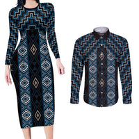 New Zealand Aotearoa Couples Matching Long Sleeve Bodycon Dress and Long Sleeve Button Shirt Blue Poutama With Taniko Pattern LT05 Blue - Polynesian Pride