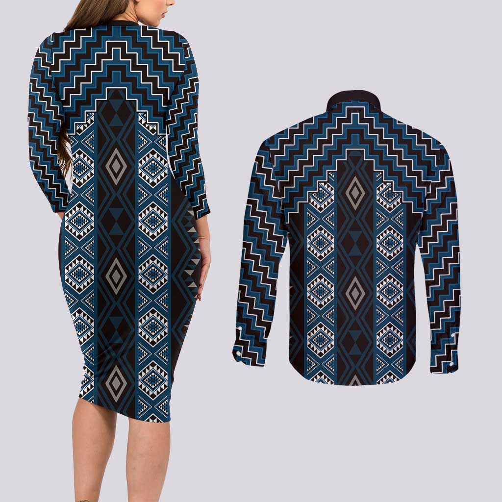 New Zealand Aotearoa Couples Matching Long Sleeve Bodycon Dress and Long Sleeve Button Shirt Blue Poutama With Taniko Pattern LT05 - Polynesian Pride