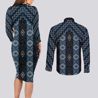New Zealand Aotearoa Couples Matching Long Sleeve Bodycon Dress and Long Sleeve Button Shirt Blue Poutama With Taniko Pattern LT05 - Polynesian Pride