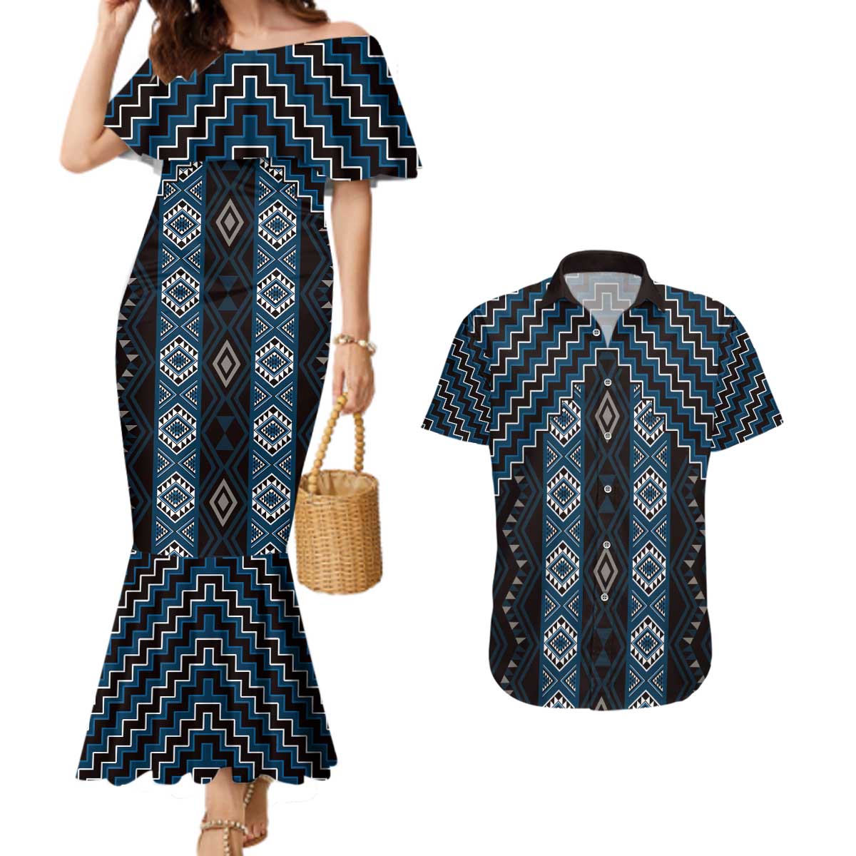 New Zealand Aotearoa Couples Matching Mermaid Dress and Hawaiian Shirt Blue Poutama With Taniko Pattern LT05 Blue - Polynesian Pride