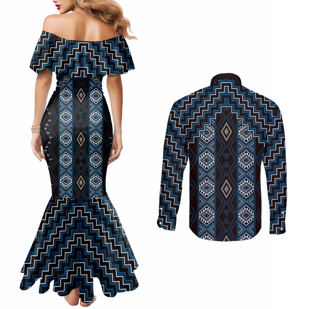 New Zealand Aotearoa Couples Matching Mermaid Dress and Long Sleeve Button Shirt Blue Poutama With Taniko Pattern LT05 - Polynesian Pride