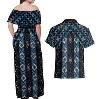 New Zealand Aotearoa Couples Matching Off Shoulder Maxi Dress and Hawaiian Shirt Blue Poutama With Taniko Pattern LT05 - Polynesian Pride