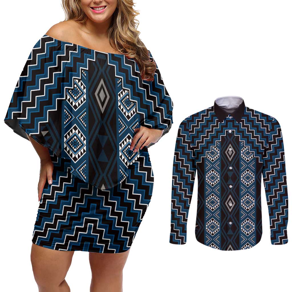 New Zealand Aotearoa Couples Matching Off Shoulder Short Dress and Long Sleeve Button Shirt Blue Poutama With Taniko Pattern LT05 Blue - Polynesian Pride
