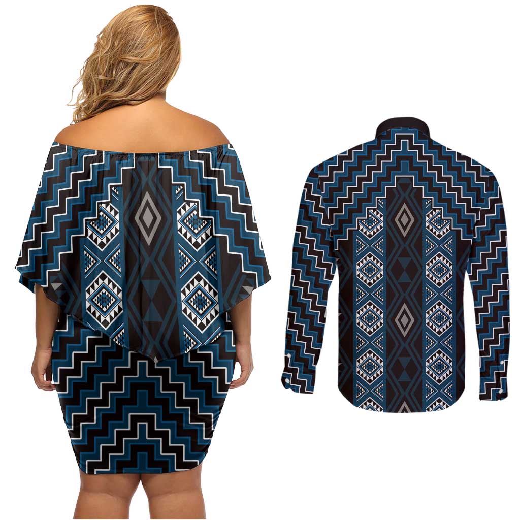 New Zealand Aotearoa Couples Matching Off Shoulder Short Dress and Long Sleeve Button Shirt Blue Poutama With Taniko Pattern LT05 - Polynesian Pride