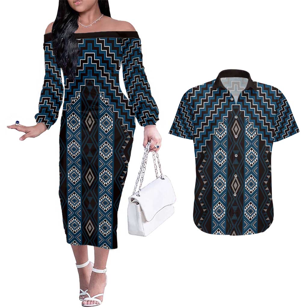 New Zealand Aotearoa Couples Matching Off The Shoulder Long Sleeve Dress and Hawaiian Shirt Blue Poutama With Taniko Pattern LT05 Blue - Polynesian Pride