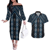 New Zealand Aotearoa Couples Matching Off The Shoulder Long Sleeve Dress and Hawaiian Shirt Blue Poutama With Taniko Pattern LT05 Blue - Polynesian Pride
