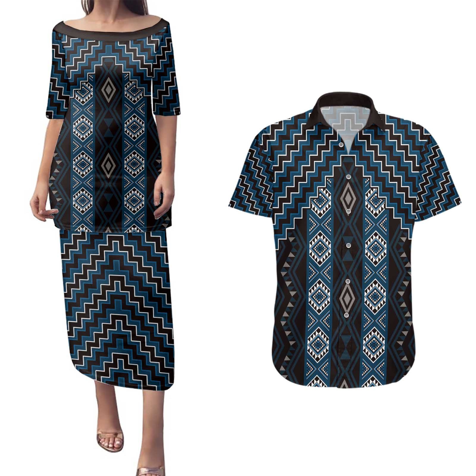 New Zealand Aotearoa Couples Matching Puletasi and Hawaiian Shirt Blue Poutama With Taniko Pattern LT05