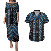 New Zealand Aotearoa Couples Matching Puletasi and Hawaiian Shirt Blue Poutama With Taniko Pattern LT05