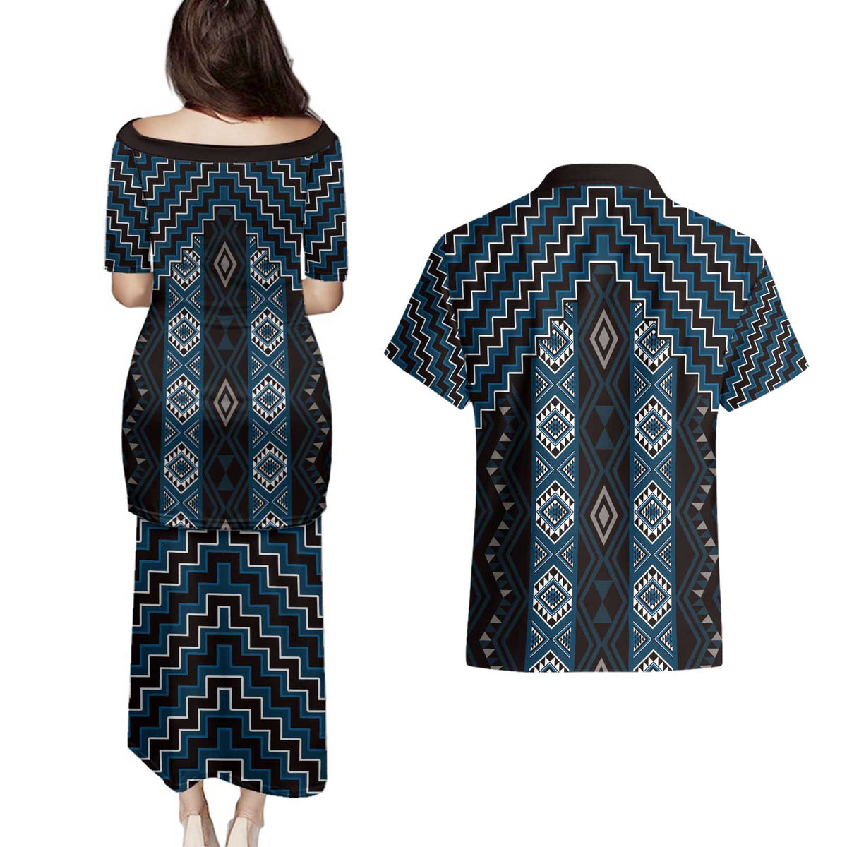 New Zealand Aotearoa Couples Matching Puletasi and Hawaiian Shirt Blue Poutama With Taniko Pattern LT05