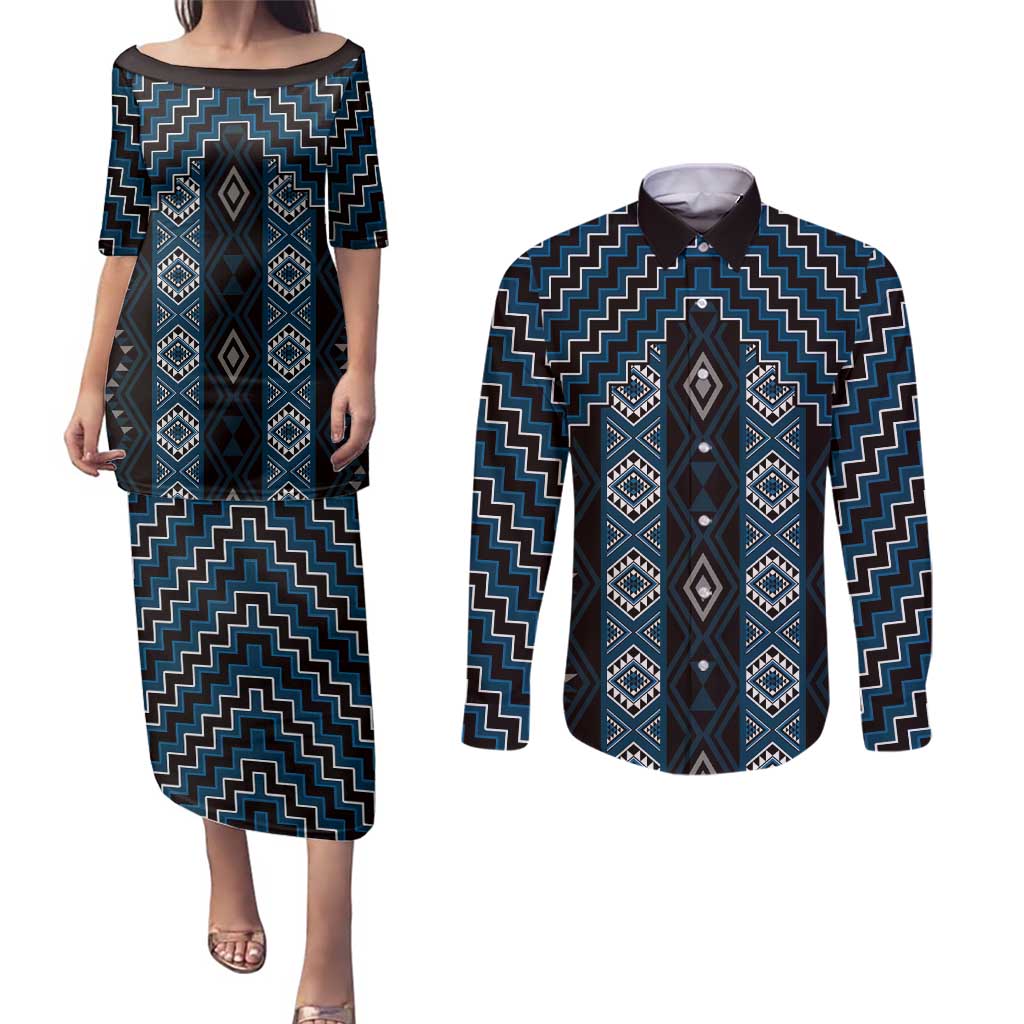New Zealand Aotearoa Couples Matching Puletasi and Long Sleeve Button Shirt Blue Poutama With Taniko Pattern LT05 Blue - Polynesian Pride