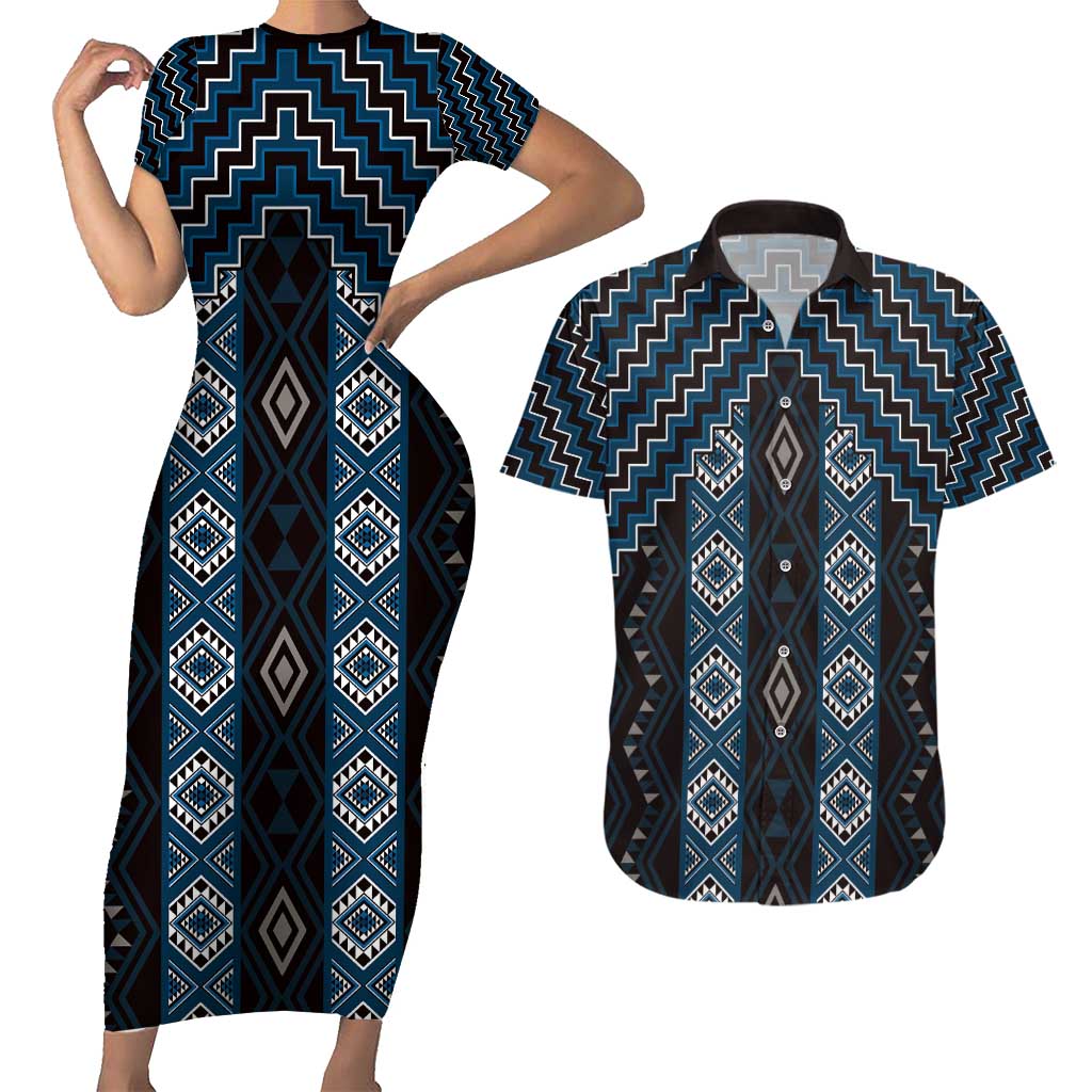 New Zealand Aotearoa Couples Matching Short Sleeve Bodycon Dress and Hawaiian Shirt Blue Poutama With Taniko Pattern LT05 Blue - Polynesian Pride
