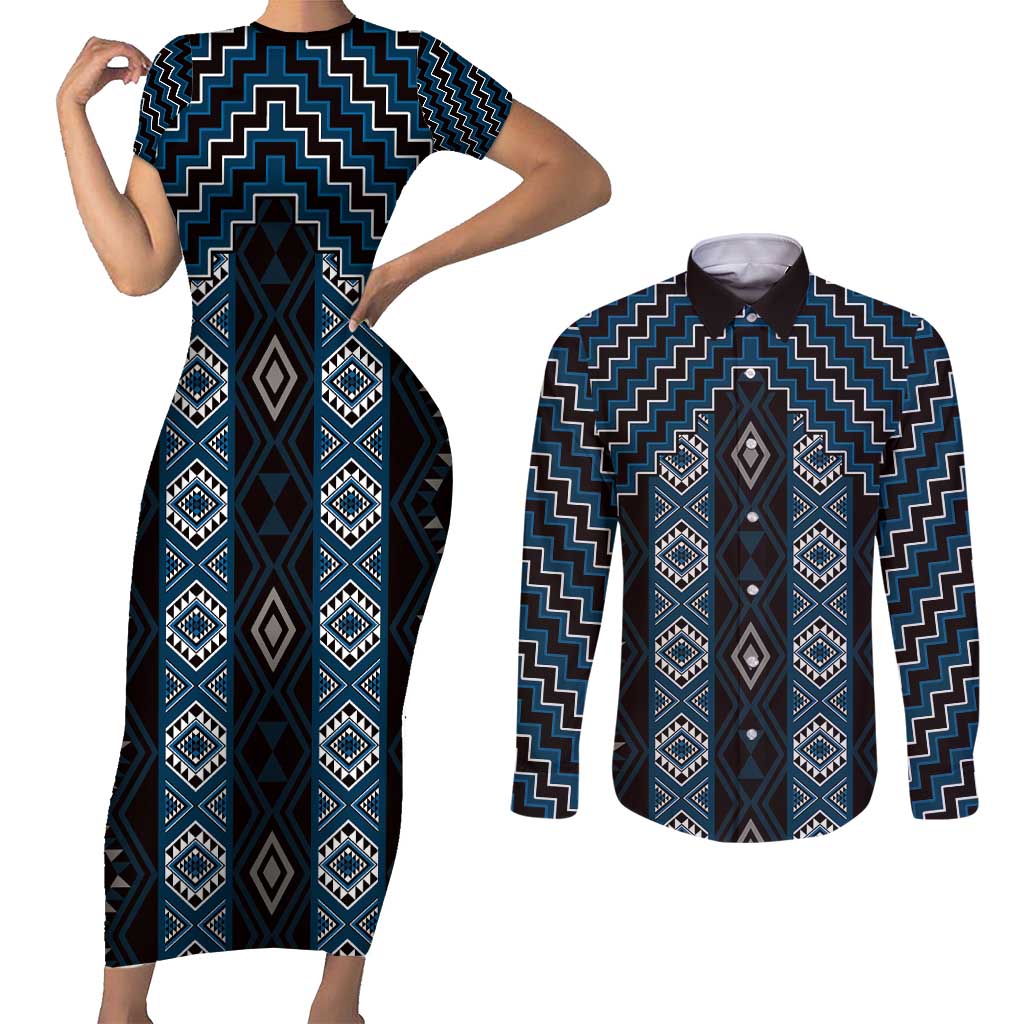 New Zealand Aotearoa Couples Matching Short Sleeve Bodycon Dress and Long Sleeve Button Shirt Blue Poutama With Taniko Pattern LT05 Blue - Polynesian Pride