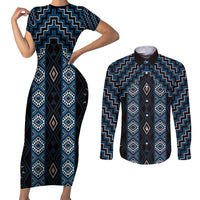 New Zealand Aotearoa Couples Matching Short Sleeve Bodycon Dress and Long Sleeve Button Shirt Blue Poutama With Taniko Pattern LT05 Blue - Polynesian Pride