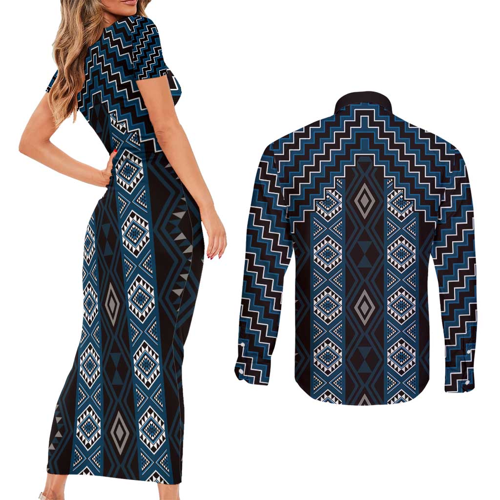 New Zealand Aotearoa Couples Matching Short Sleeve Bodycon Dress and Long Sleeve Button Shirt Blue Poutama With Taniko Pattern LT05 - Polynesian Pride