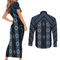 New Zealand Aotearoa Couples Matching Short Sleeve Bodycon Dress and Long Sleeve Button Shirt Blue Poutama With Taniko Pattern LT05 - Polynesian Pride