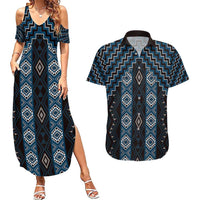 New Zealand Aotearoa Couples Matching Summer Maxi Dress and Hawaiian Shirt Blue Poutama With Taniko Pattern LT05 Blue - Polynesian Pride