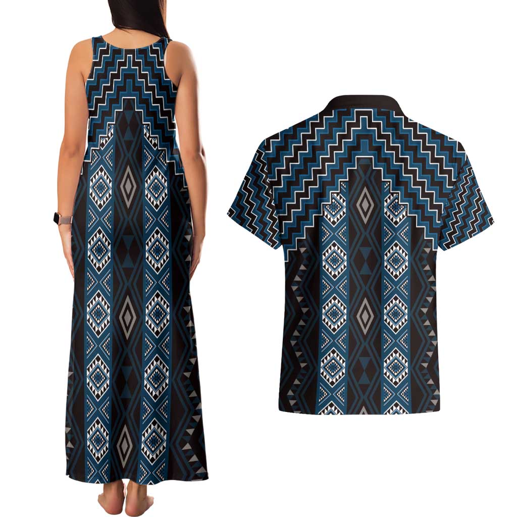 New Zealand Aotearoa Couples Matching Tank Maxi Dress and Hawaiian Shirt Blue Poutama With Taniko Pattern LT05 - Polynesian Pride