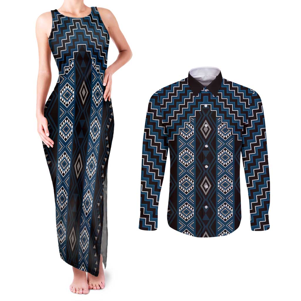 New Zealand Aotearoa Couples Matching Tank Maxi Dress and Long Sleeve Button Shirt Blue Poutama With Taniko Pattern LT05 Blue - Polynesian Pride