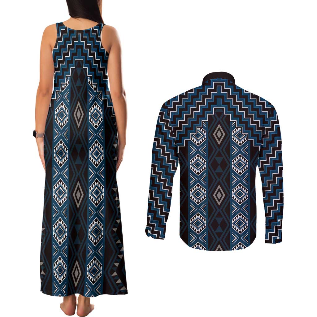 New Zealand Aotearoa Couples Matching Tank Maxi Dress and Long Sleeve Button Shirt Blue Poutama With Taniko Pattern LT05 - Polynesian Pride