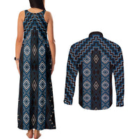 New Zealand Aotearoa Couples Matching Tank Maxi Dress and Long Sleeve Button Shirt Blue Poutama With Taniko Pattern LT05 - Polynesian Pride