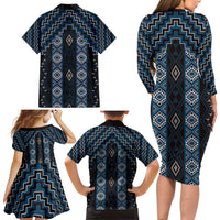 New Zealand Aotearoa Family Matching Long Sleeve Bodycon Dress and Hawaiian Shirt Blue Poutama With Taniko Pattern LT05 - Polynesian Pride