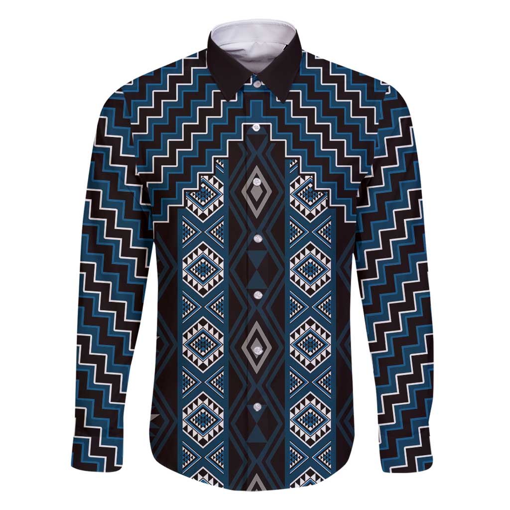 New Zealand Aotearoa Family Matching Long Sleeve Bodycon Dress and Hawaiian Shirt Blue Poutama With Taniko Pattern LT05 Dad's Shirt - Long Sleeve Blue - Polynesian Pride