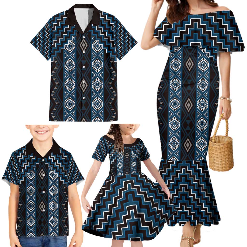 New Zealand Aotearoa Family Matching Mermaid Dress and Hawaiian Shirt Blue Poutama With Taniko Pattern LT05 - Polynesian Pride
