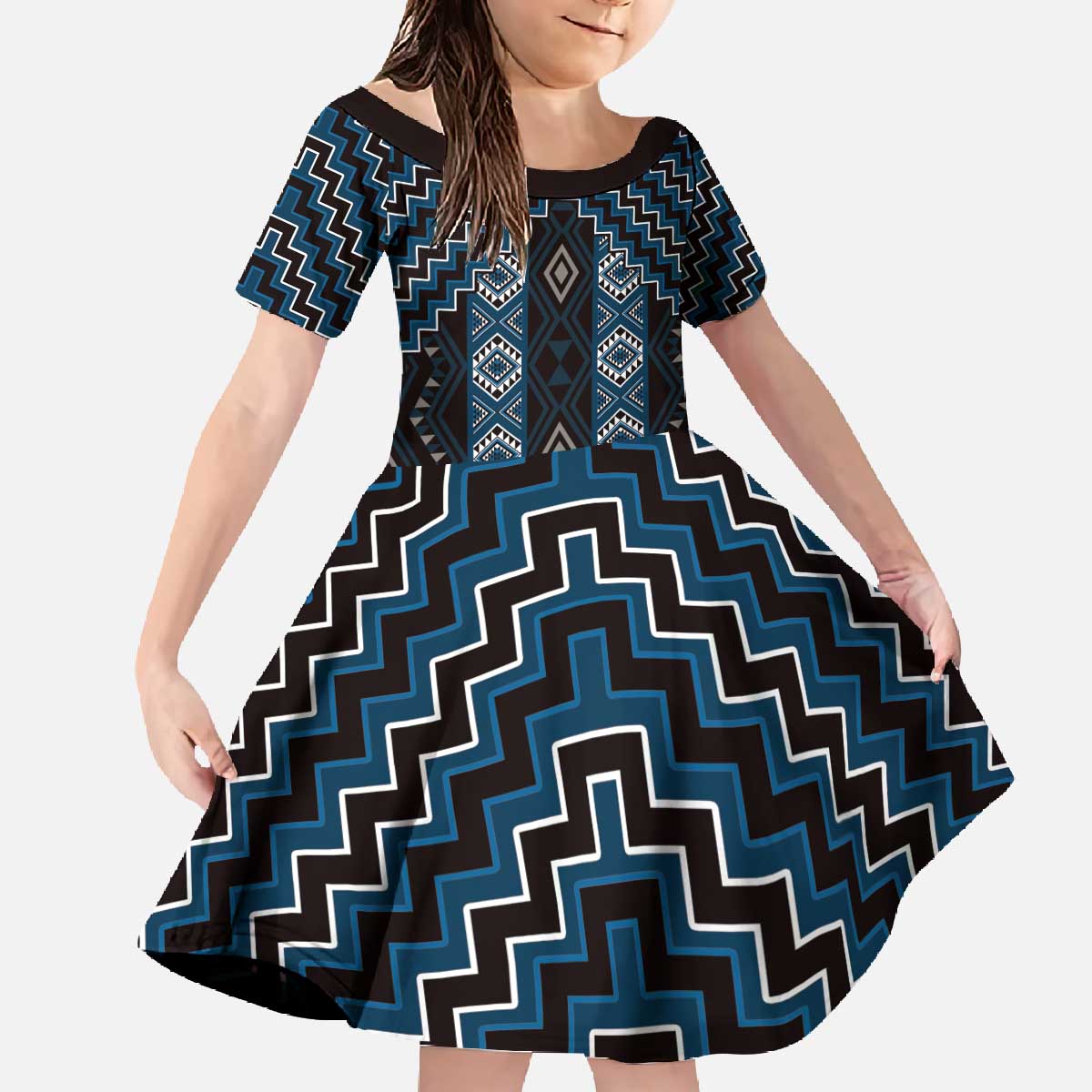New Zealand Aotearoa Family Matching Off The Shoulder Long Sleeve Dress and Hawaiian Shirt Blue Poutama With Taniko Pattern LT05 Daughter's Dress Blue - Polynesian Pride