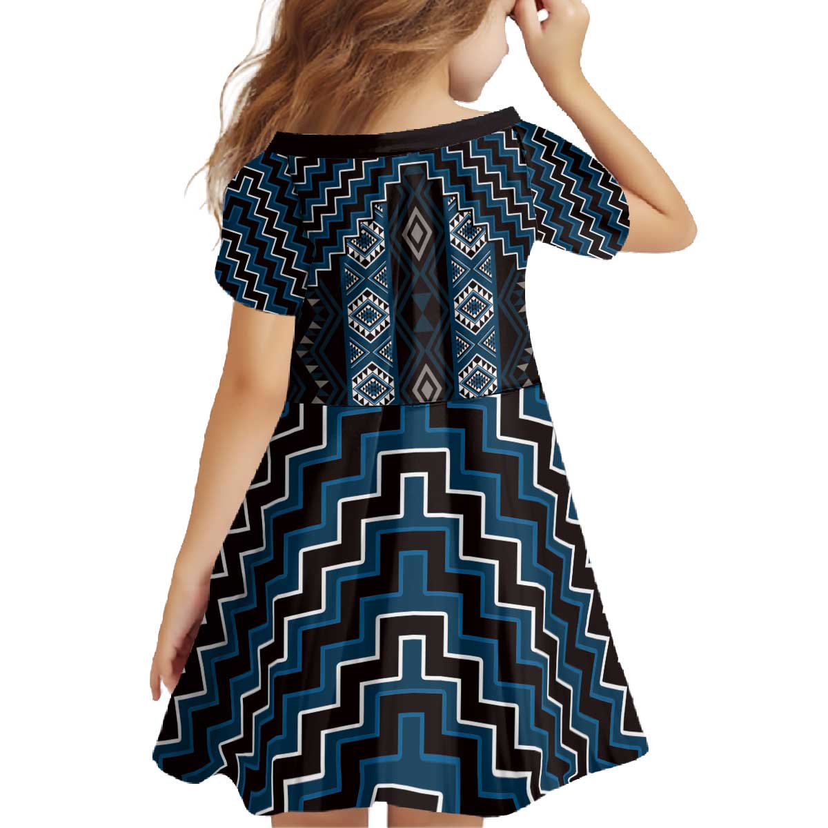 New Zealand Aotearoa Family Matching Off The Shoulder Long Sleeve Dress and Hawaiian Shirt Blue Poutama With Taniko Pattern LT05 - Polynesian Pride