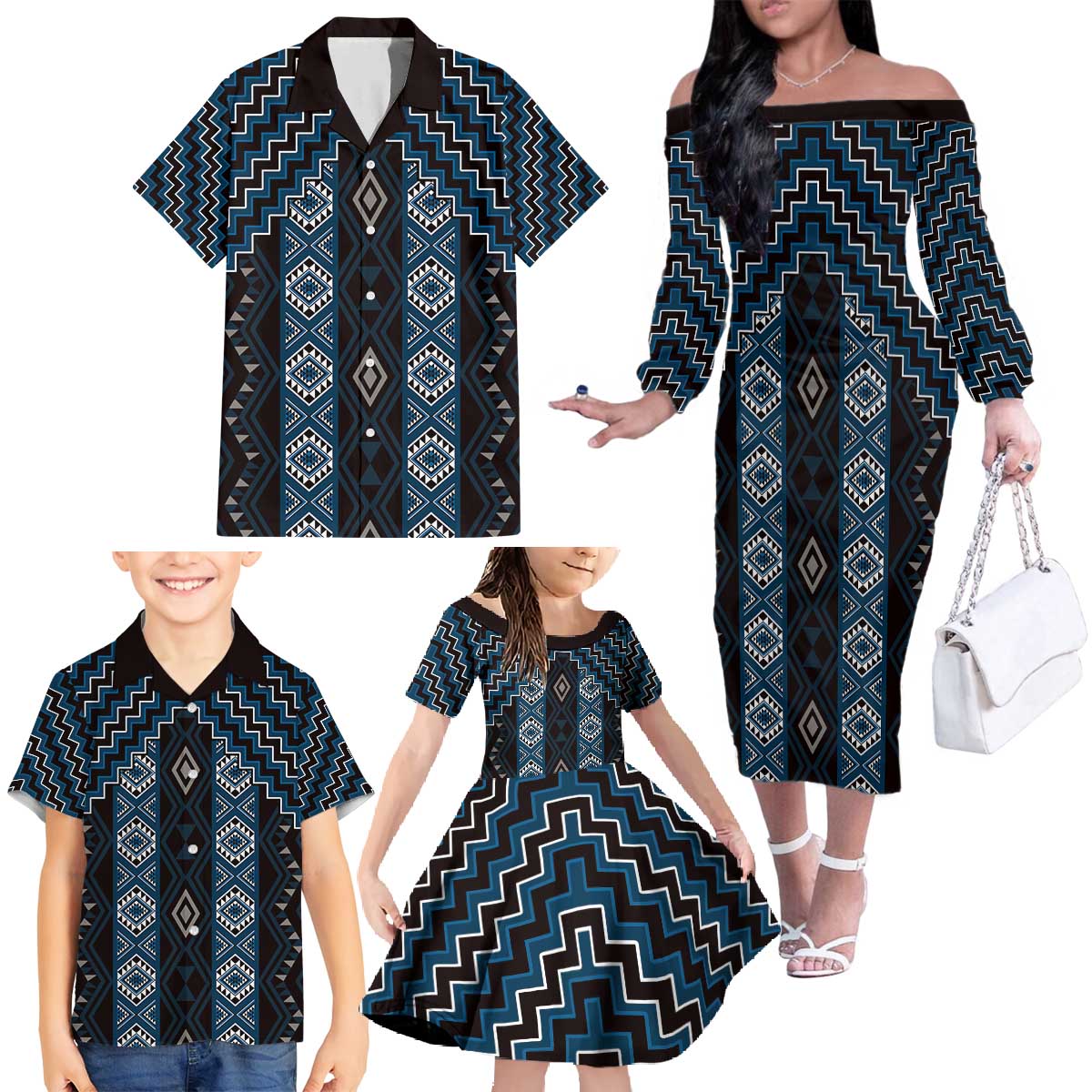 New Zealand Aotearoa Family Matching Off The Shoulder Long Sleeve Dress and Hawaiian Shirt Blue Poutama With Taniko Pattern LT05 - Polynesian Pride